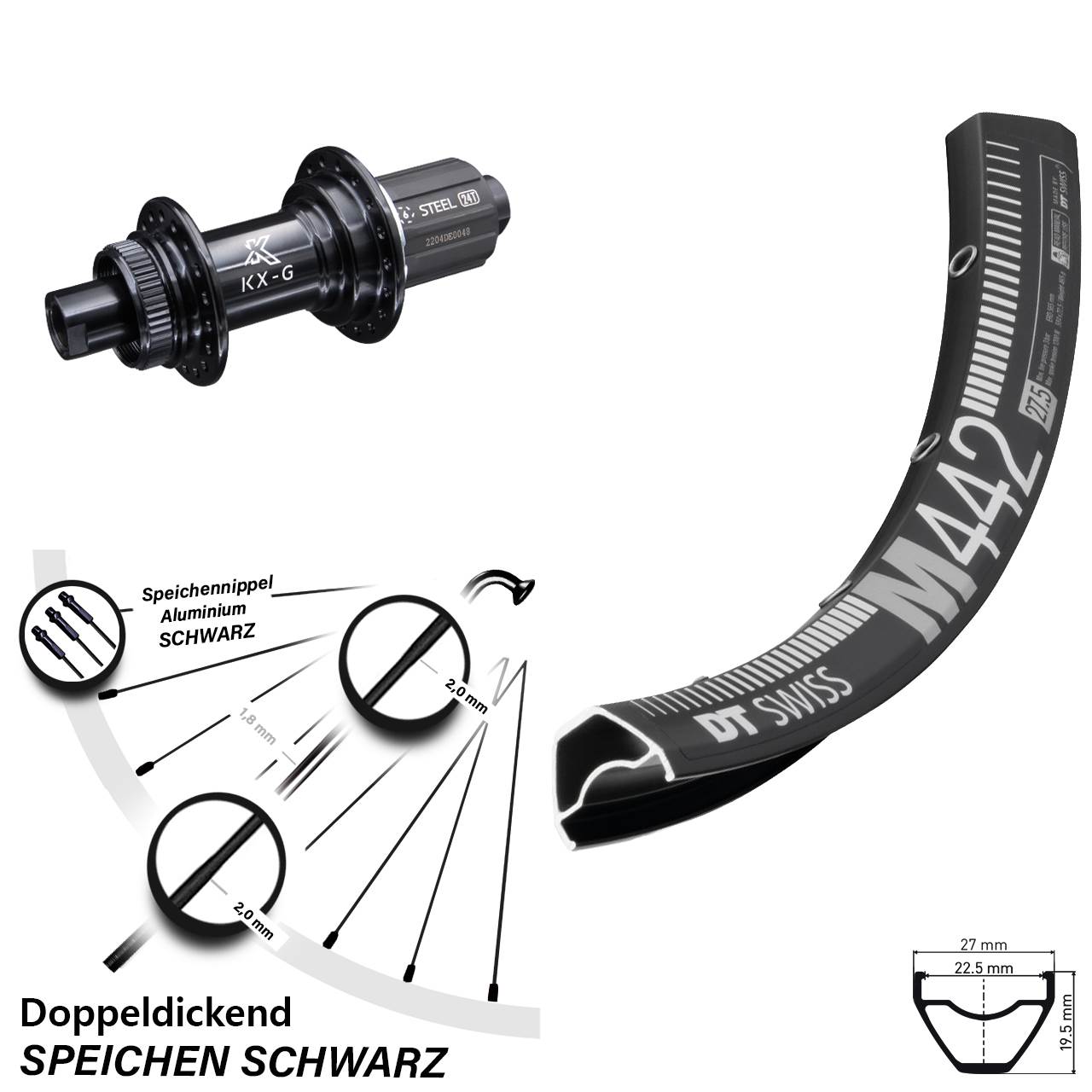 DT Swiss M 442 28 Zoll Hinterrad KX-GS 8-12 fach 12x142