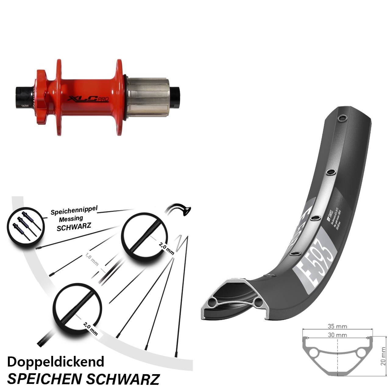 6-Loch Hinterrad 29 Zoll DT Swiss E 593 XLC rot 8-11 fach HG 12x142