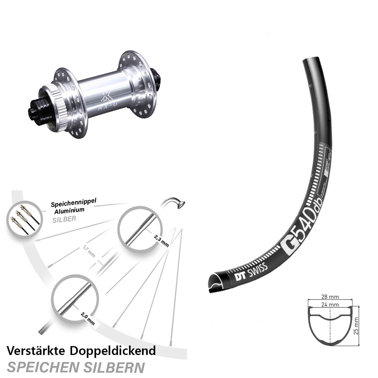 DT Swiss G 540 DB Gravel Vorderrad verstärkt KX-G silbern Schnellspanner Sapim E-Light