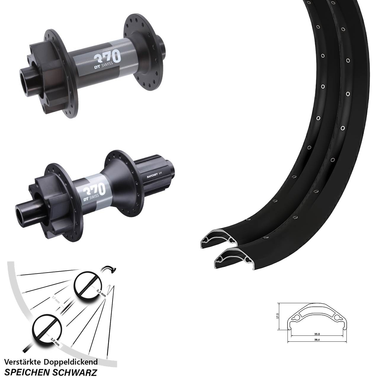Laufradsatz 6-Loch 29 Zoll Ryde Disc 35 DT Swiss 370 8-11 fach 15x110 12x148 Boost