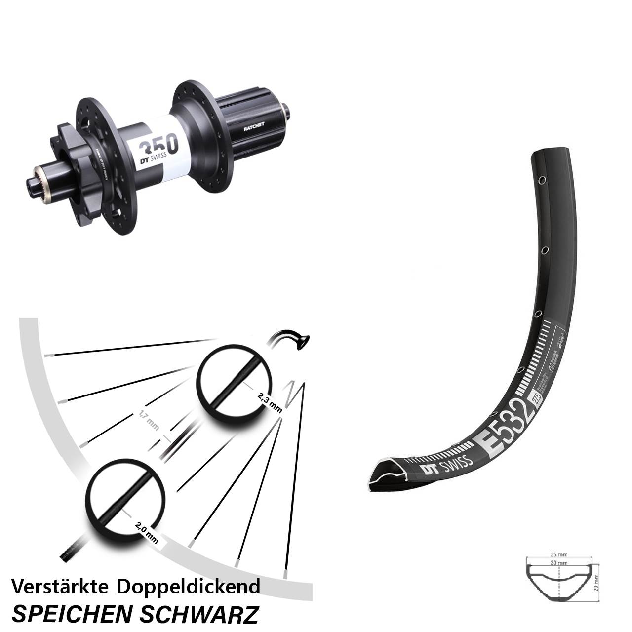 DT Swiss E 532-350 Ratchet 36 27,5 Zoll Hinterrad für Schnellsp. 8-11 fach