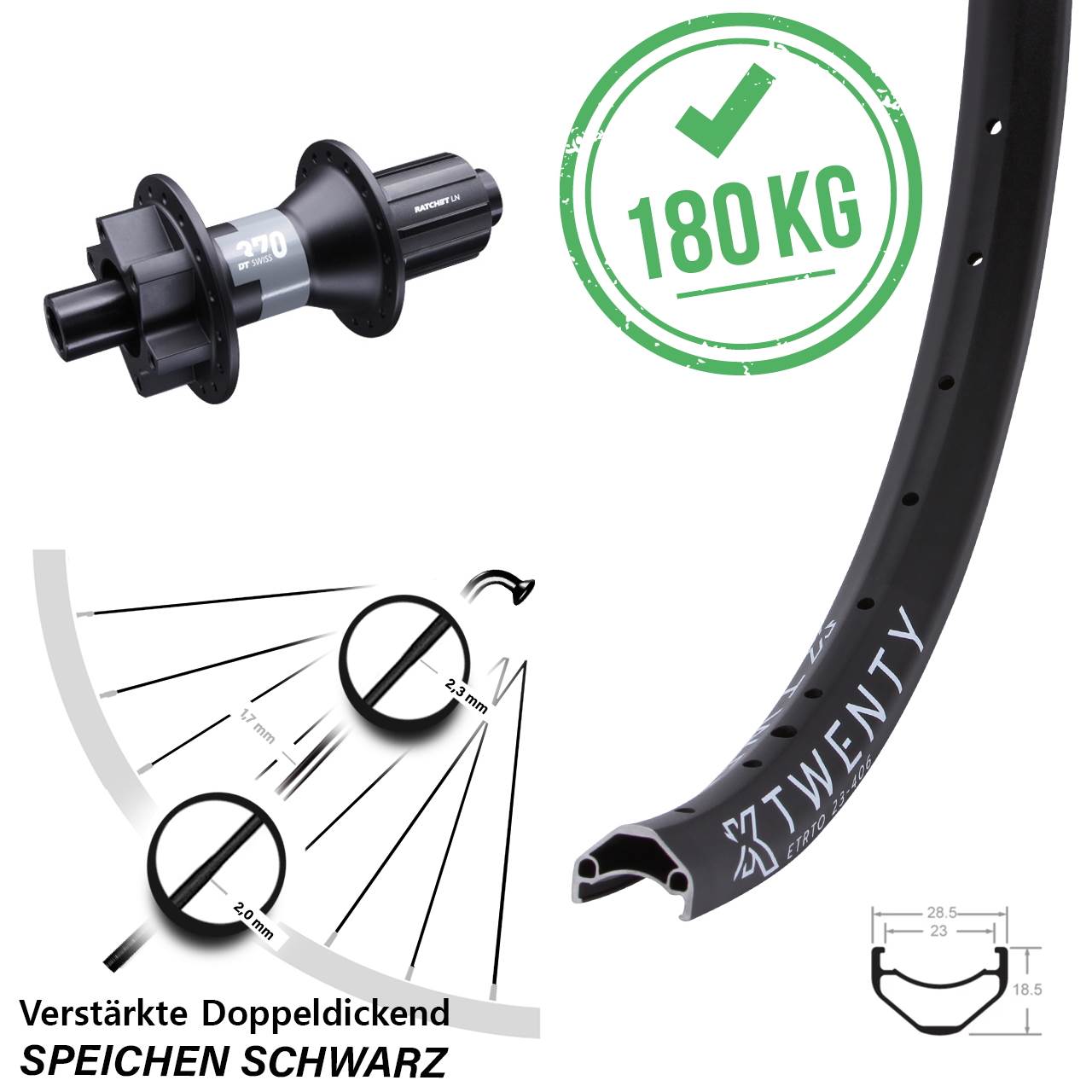 20 Zoll KX Twenty DT Swiss 370 6-Loch Hinterrad 12x142 8-11 fach
