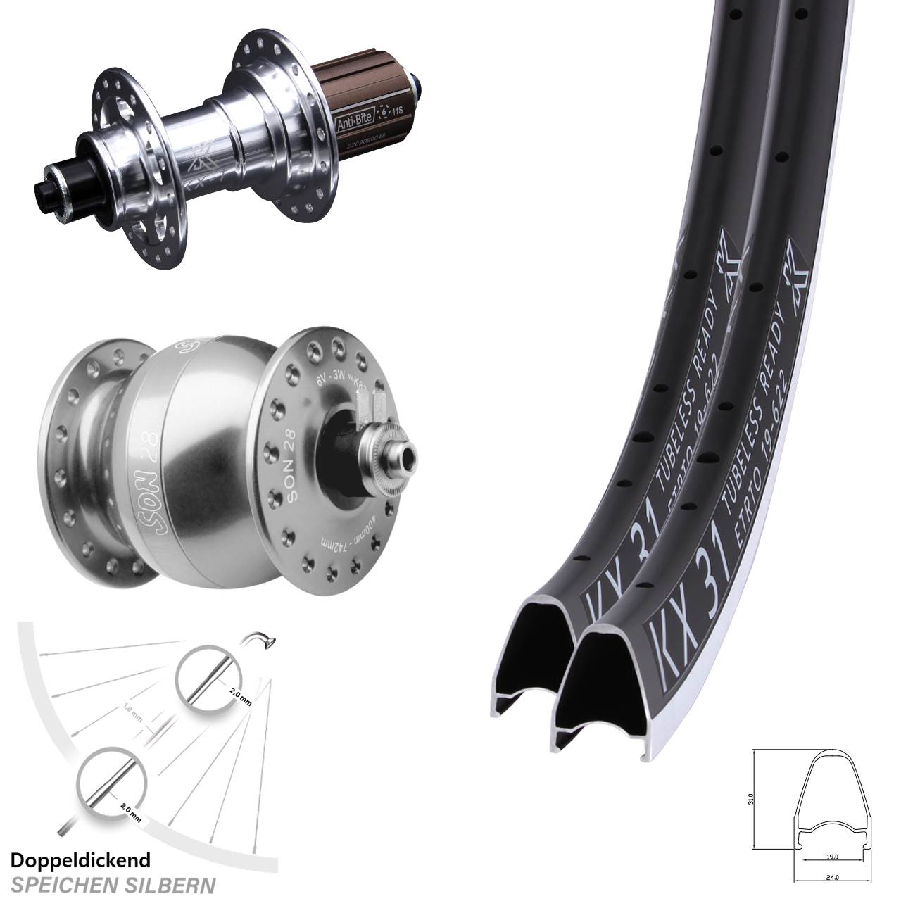 KX-T 31 SON 28 Zoll Laufradsatz für Schnellspanner 8-12 fach HG