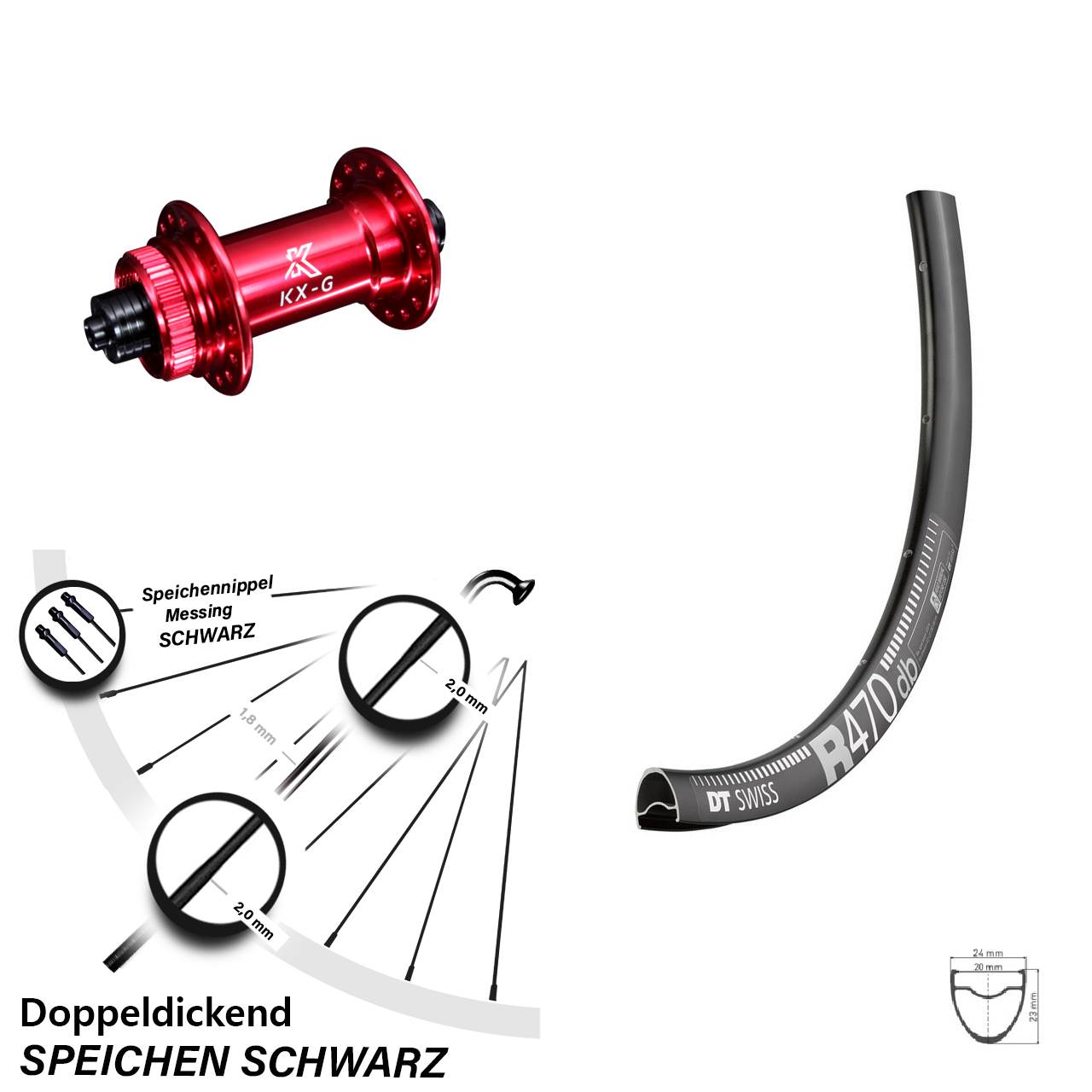 DT Swiss R 470 DB Vorderrad 28 Zoll mit KX-G Nabe rot-eloxiert Schnellspanner