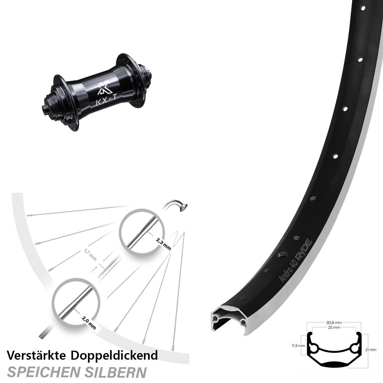 Ryde Andra 40 KX-T 4-fach gelagert 26 Zoll Vorderrad für Schnellspanner