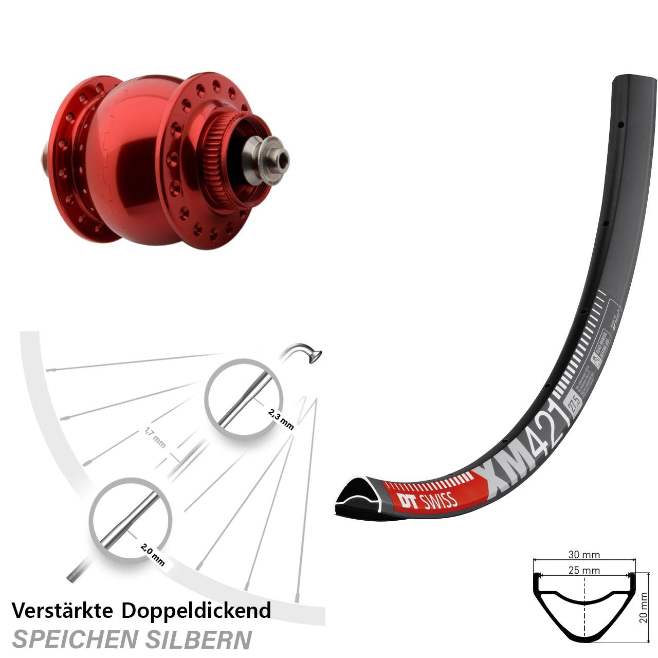 29 Zoll Nabendynamo-Vorderrad Centerlock DT Swiss XM421 SONdelux rot QR