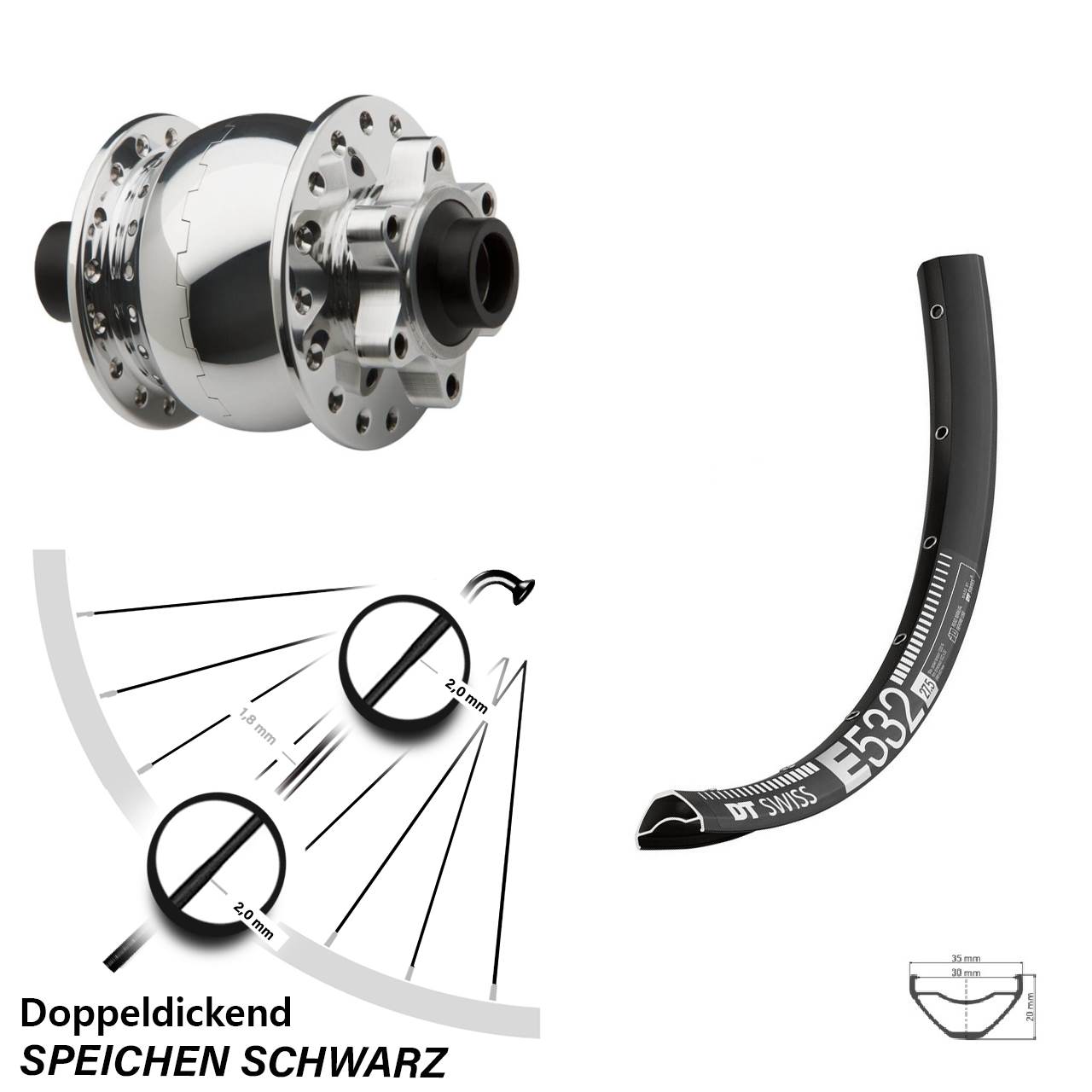 SON 28 poliert DT Swiss E 532 29 Zoll Disc Vorderrad mit Nabendynamo 15x100
