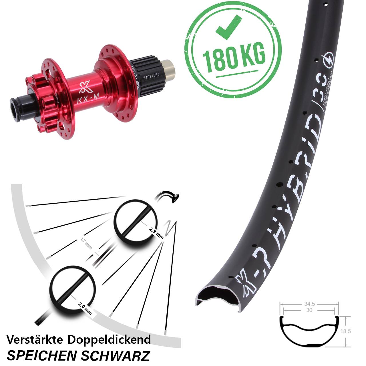 Disc Laufrad 12x142 29 Zoll KX-MR Hybrid 30 rot Shimano Micro Spline
