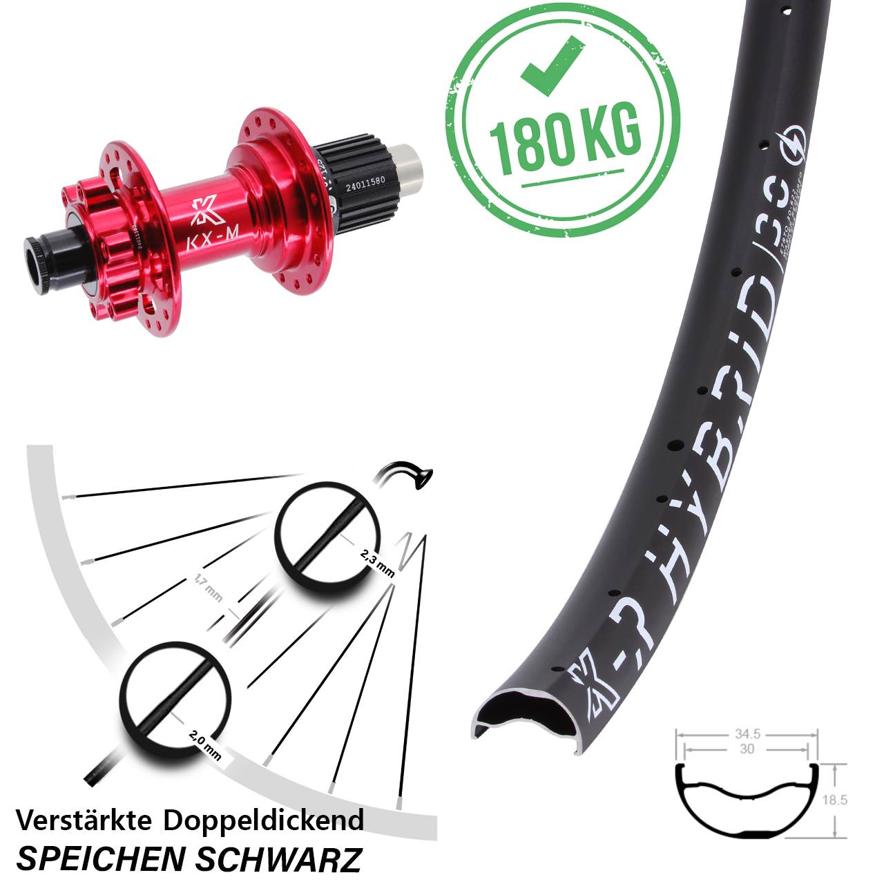 Disc Laufrad 12x142 29 Zoll KX-MR Hybrid 30 rot Shimano Micro Spline