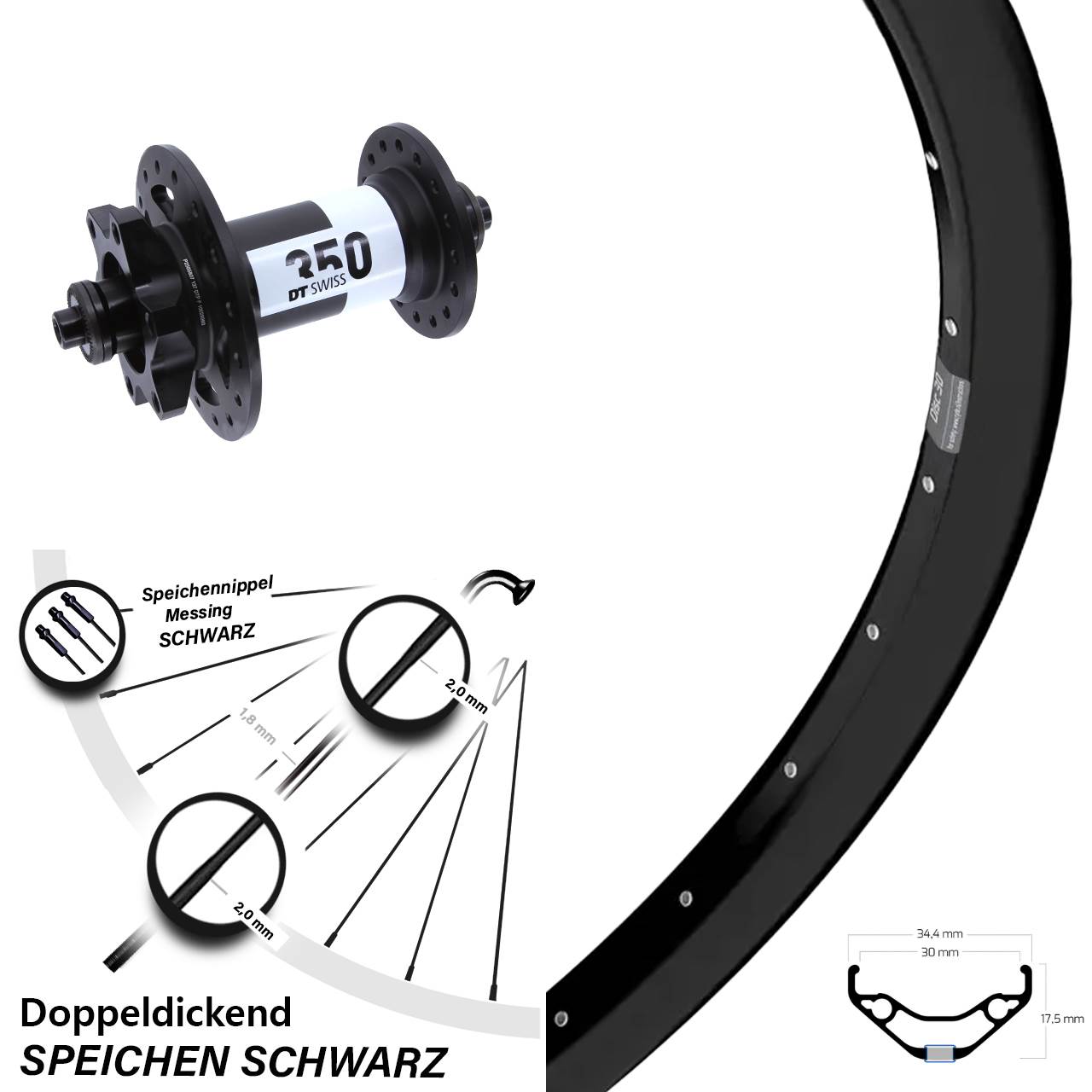 Vorderrad Ryde Disc 30 27,5 Zoll DT Swiss 350 6-Loch QR
