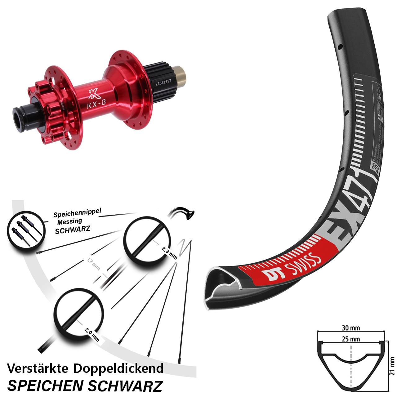 Disc Hinterrad 27,5 Zoll DT Swiss EX471 KX-B rot Shimano Micro Spline 12x148 Boost