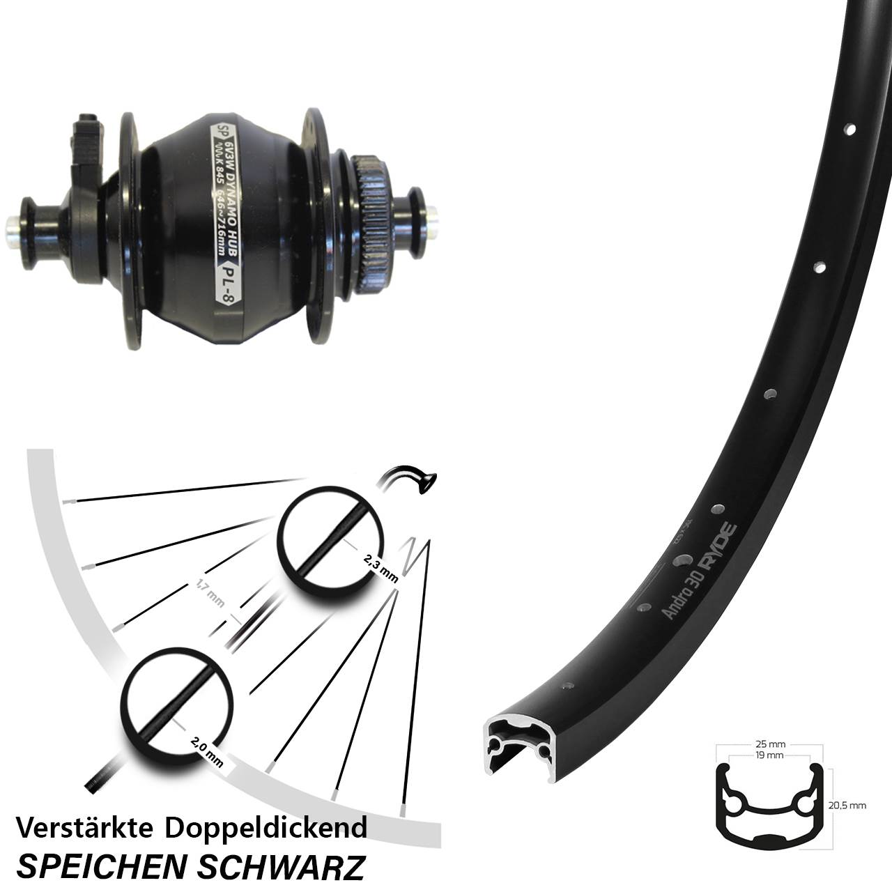 Disc Nabendynamovorderrad 28 Zoll Ryde Andra 30 Shutter PL-8 für Schnellspanner
