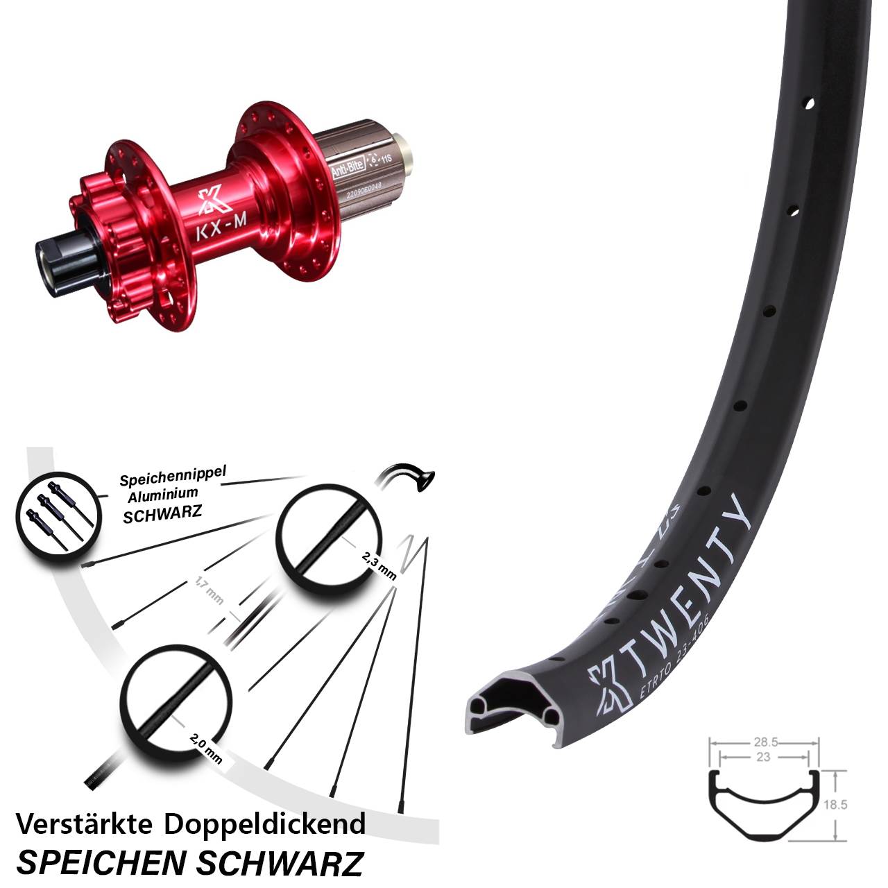 KX-M Twenty Hinterrad verstärkt 20 Zoll rot-eloxiert 6-loch Steckachse 12x142 mm 11-fach