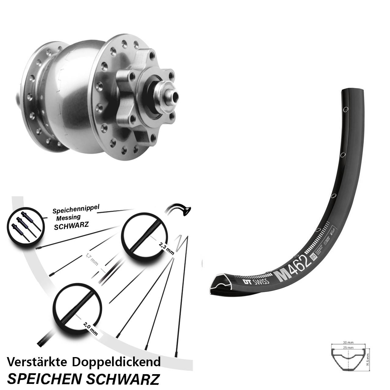 DT Swiss M 462 SON 28 silbern 29 Zoll Dynamo-Vorderrad 6-Loch QR