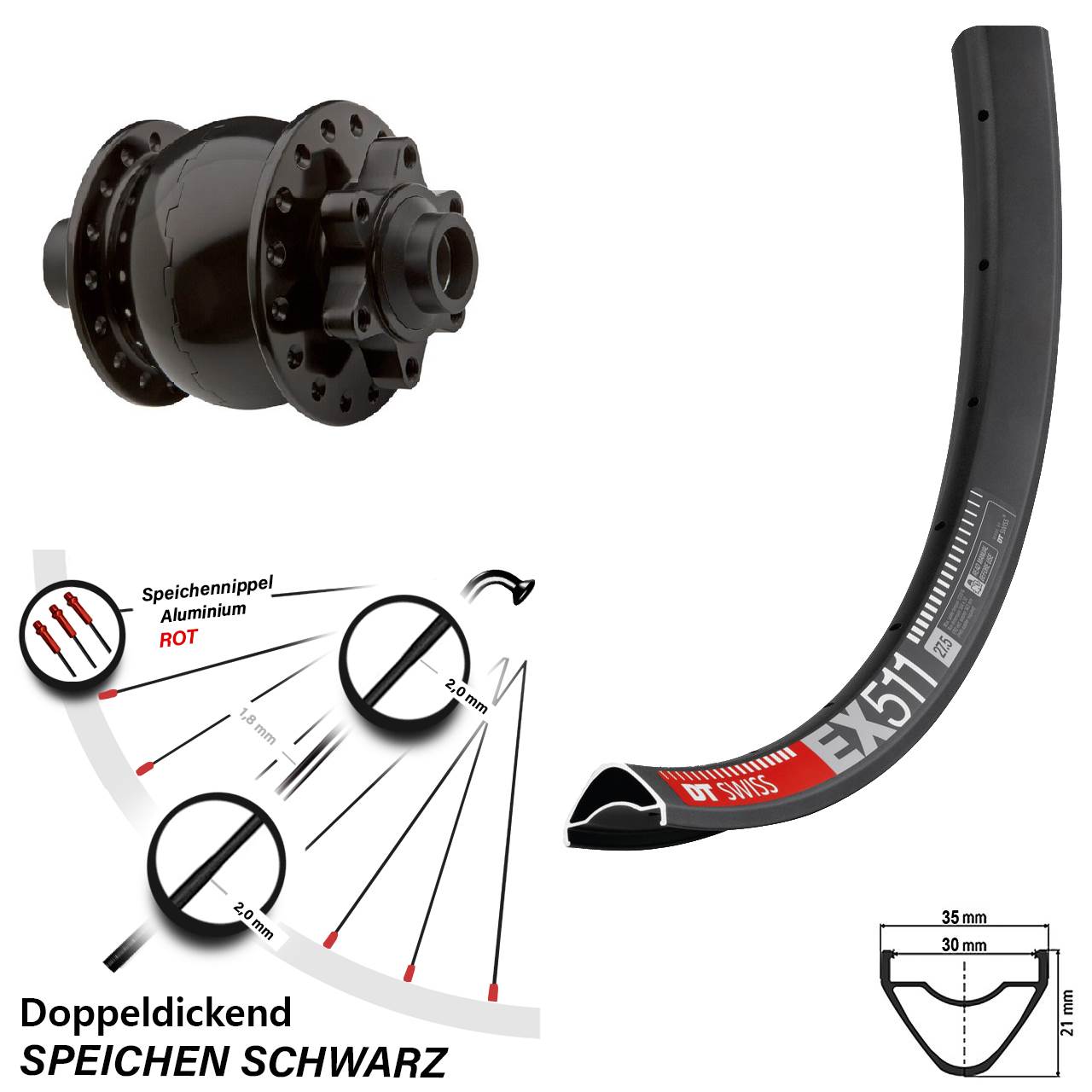 29 Zoll Vorderrad mit Nabendynamo DT Swiss EX 511 SON 28-15 Steckachse schwarz