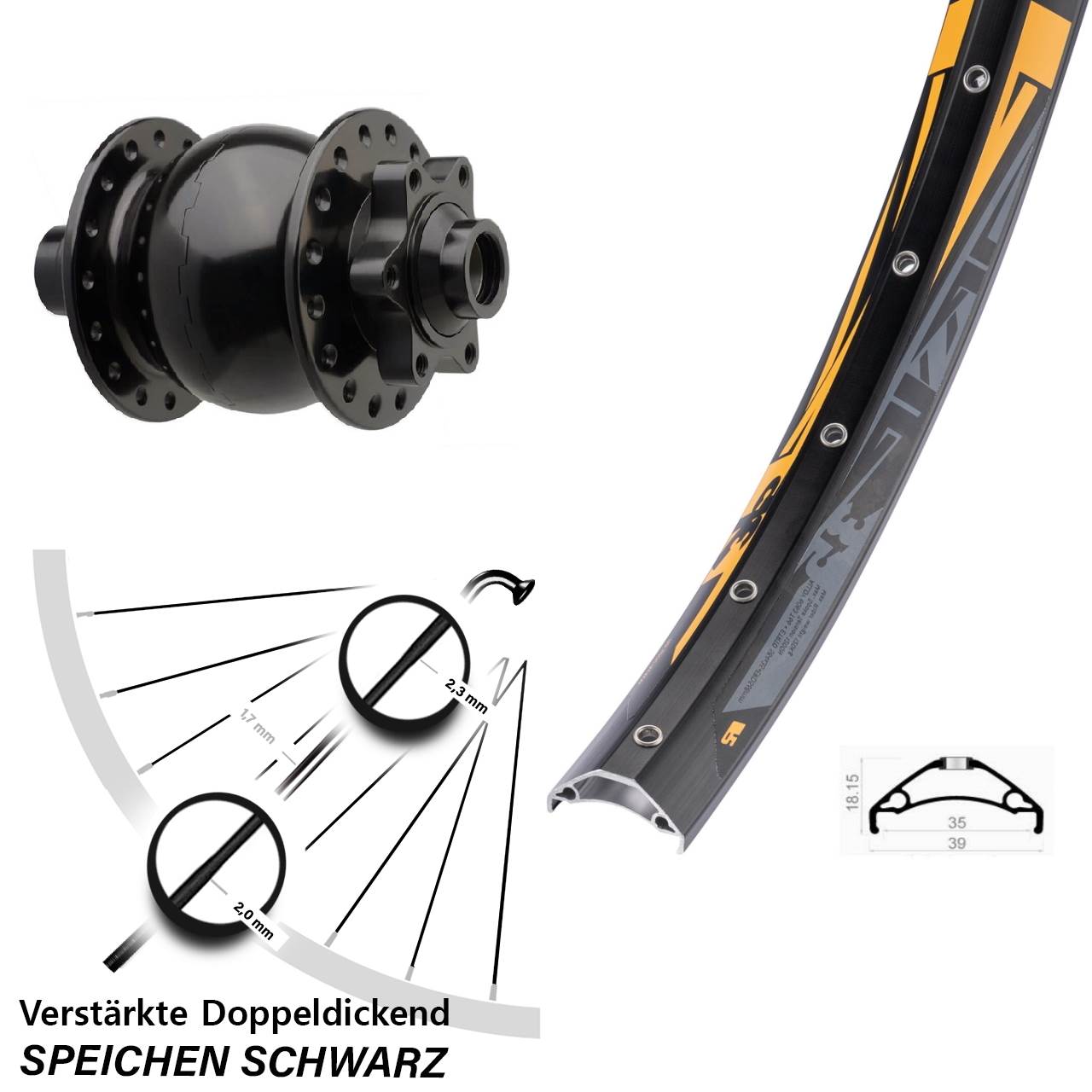 Disc Vorderrad mit Nabendynamo 27,5 Zoll Rodi TRYP 35 SON 28 15x110 Boost