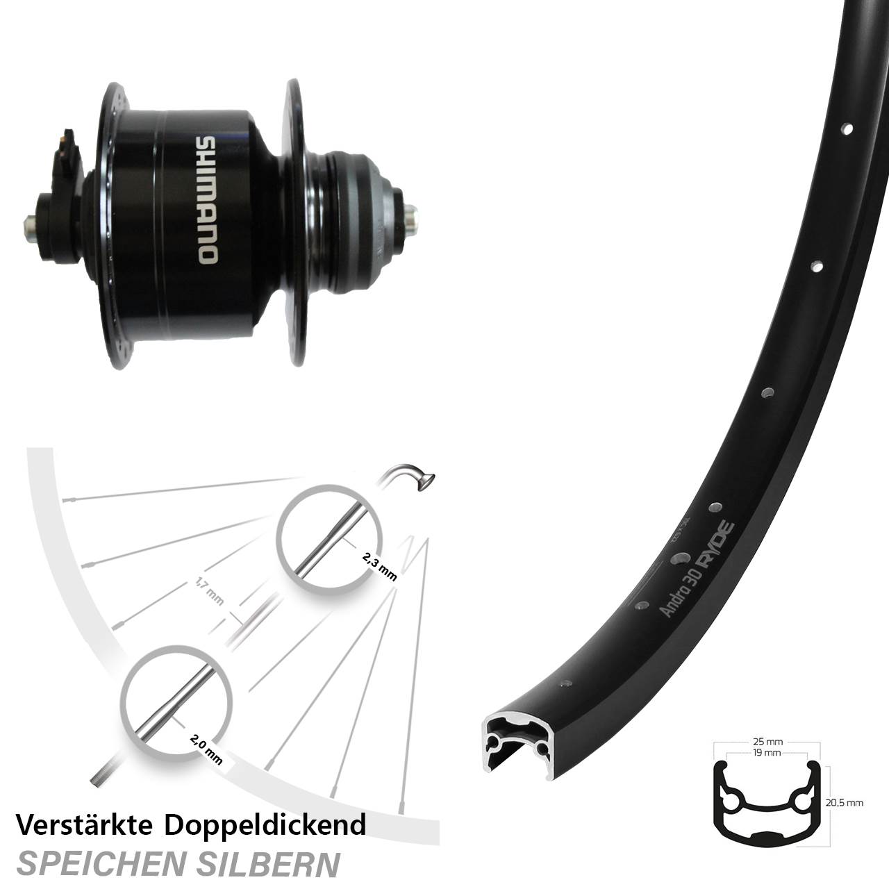 29 Zoll Ryde Andra 30 Disc Shimano DH3D72 Dynamo-Vorderrad Centerlock für Schnellspanner