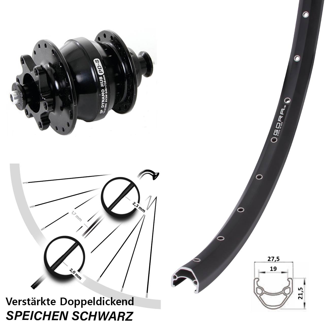 Nabendynamovorderrad 6-Loch 26 Zoll Gora 19 Shutter Precision PD-8 QR