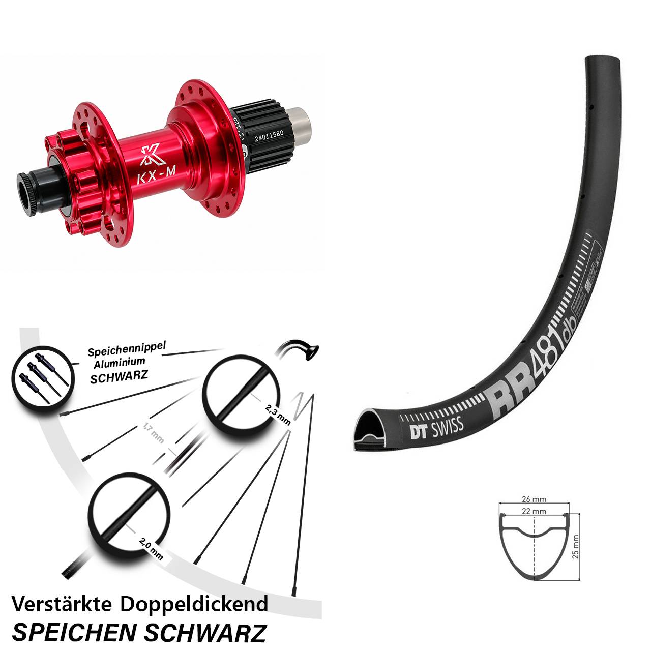 Hinterrad 6-Loch 12x142 28 Zoll DT Swiss RR481 KX-M rot Shimano Micro Spline