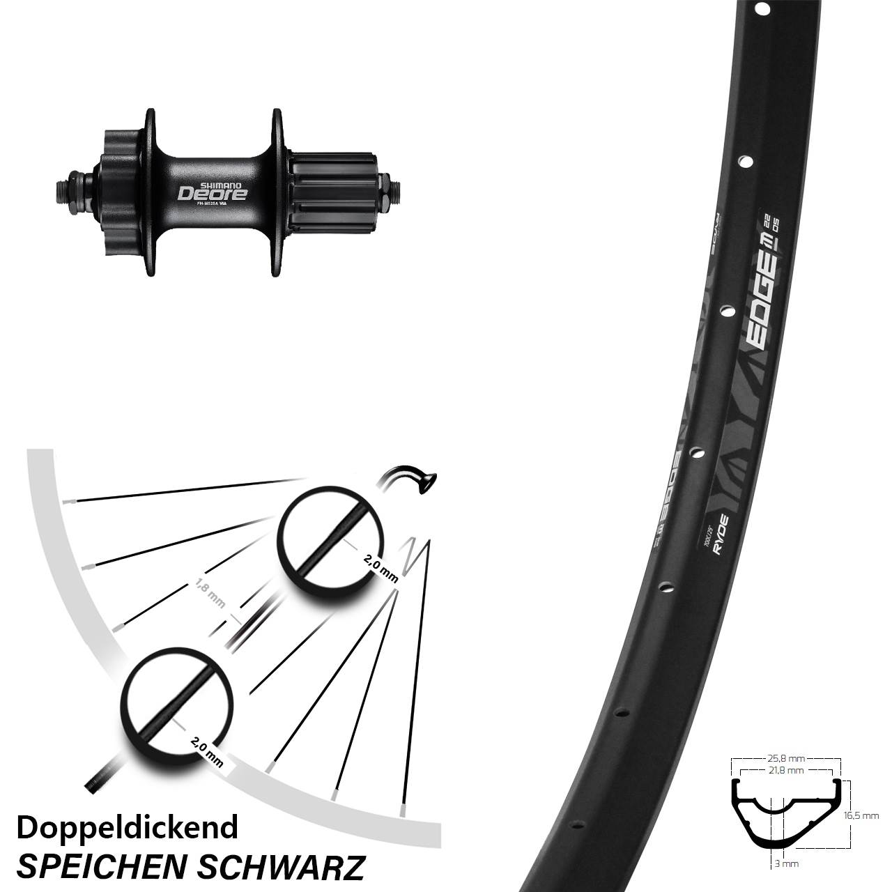 Disc Hinterrad 28 Zoll Ryde Edge M22 Shimano FH-M525 8-11 fach HG QR
