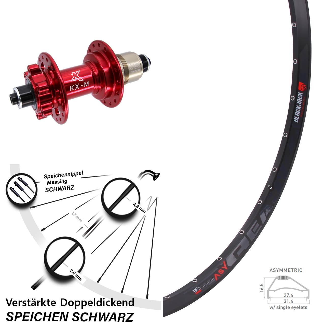 Rodi Ready 27 KX-M rot 27,5 Zoll Hinterrad 6-Loch für Schnellspanner XD