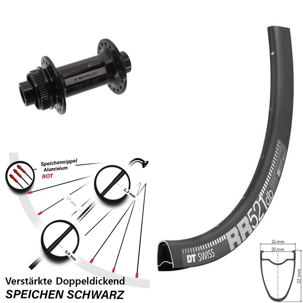 28 Zoll DT Swiss RR521-370 Centerlock Vorderrad 15x100