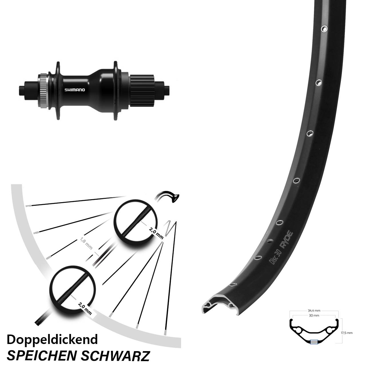 27,5 Zoll Ryde Disc 30 Shimano FH-QC500 Disc Laufrad QR Shimano Micro Spline