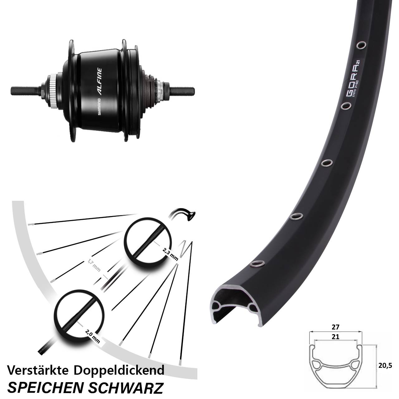 28 Zoll Shimano Alfine 8 Gang Gora 21 Hinterrad schwarz