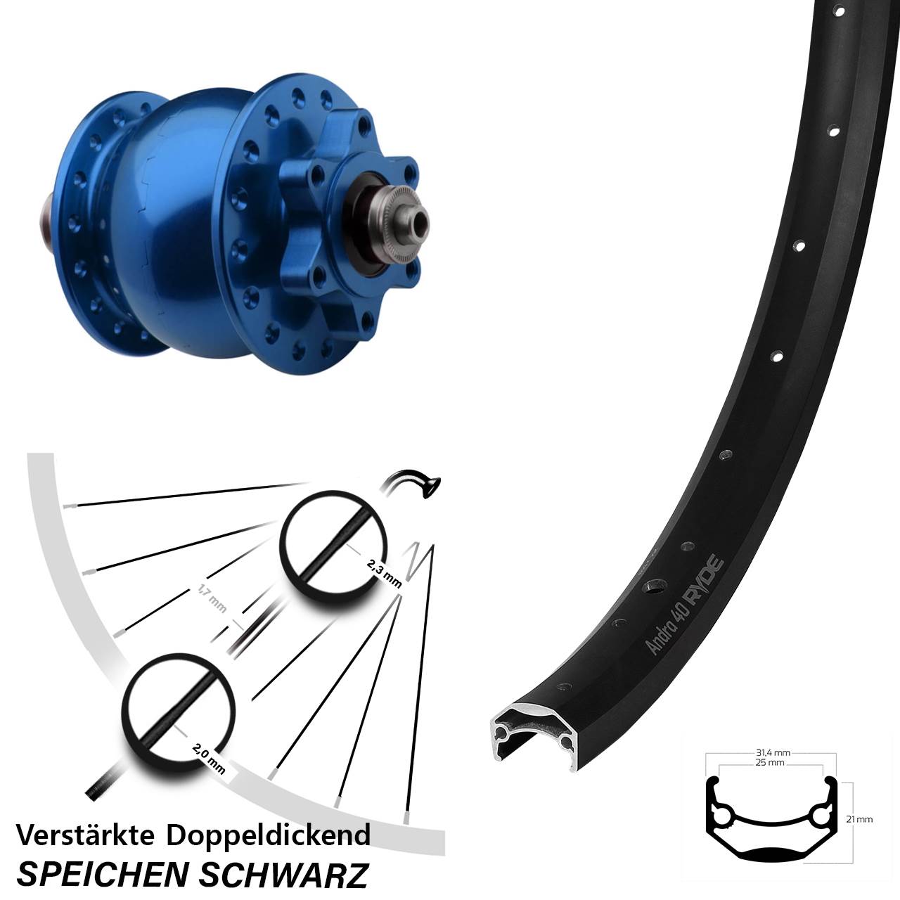 SON 28 blau Ryde Andra 40 650B Disc Laufrad mit Nabendynamo QR