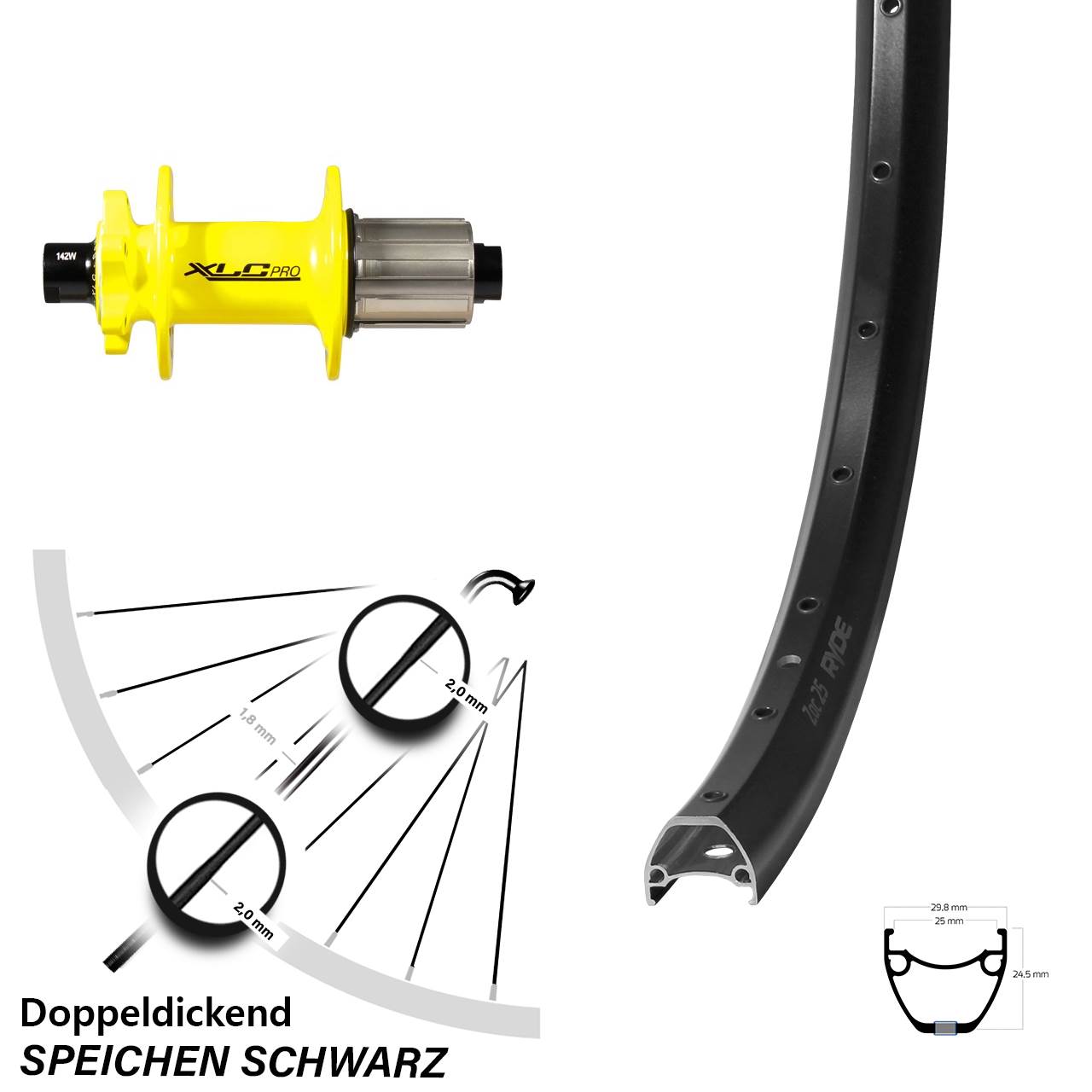 Hinterrad 28-29 Zoll Ryde ZAC 25 XLC Pro HR gelb 12x142 6-Loch 8-11 fach HG