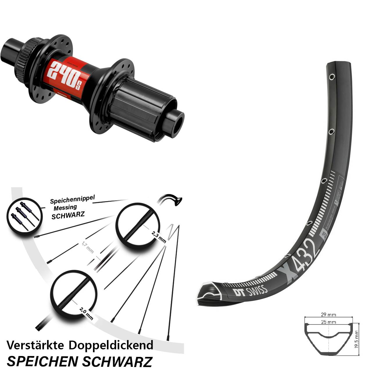 29 Zoll DT Swiss X432-240S Disc Hinterrad 12x148 8-11 fach HG