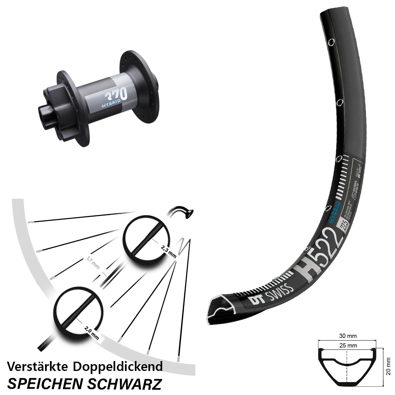 29 Zoll Vorderrad H 522 DT Swiss 370 Hybrid Boost 15x110 mm 6-Loch verstärkt E-Bike