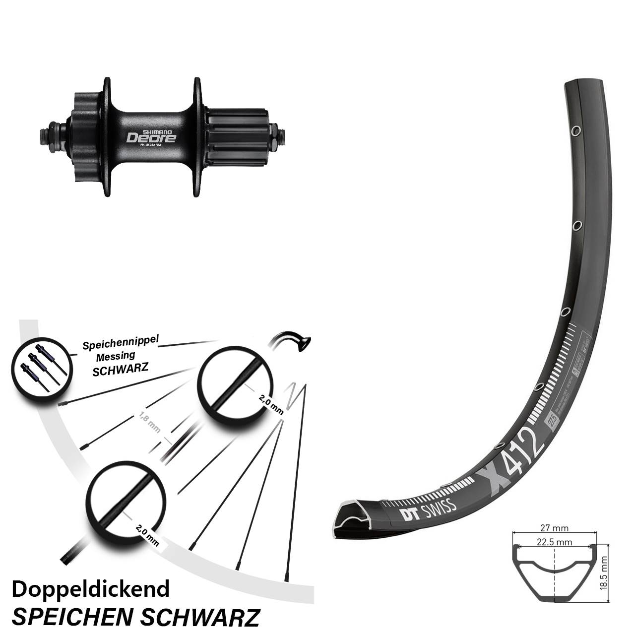 Hinterrad 6-Loch 28 Zoll DT Swiss X 412 Shimano Deore 8-11 fach QR