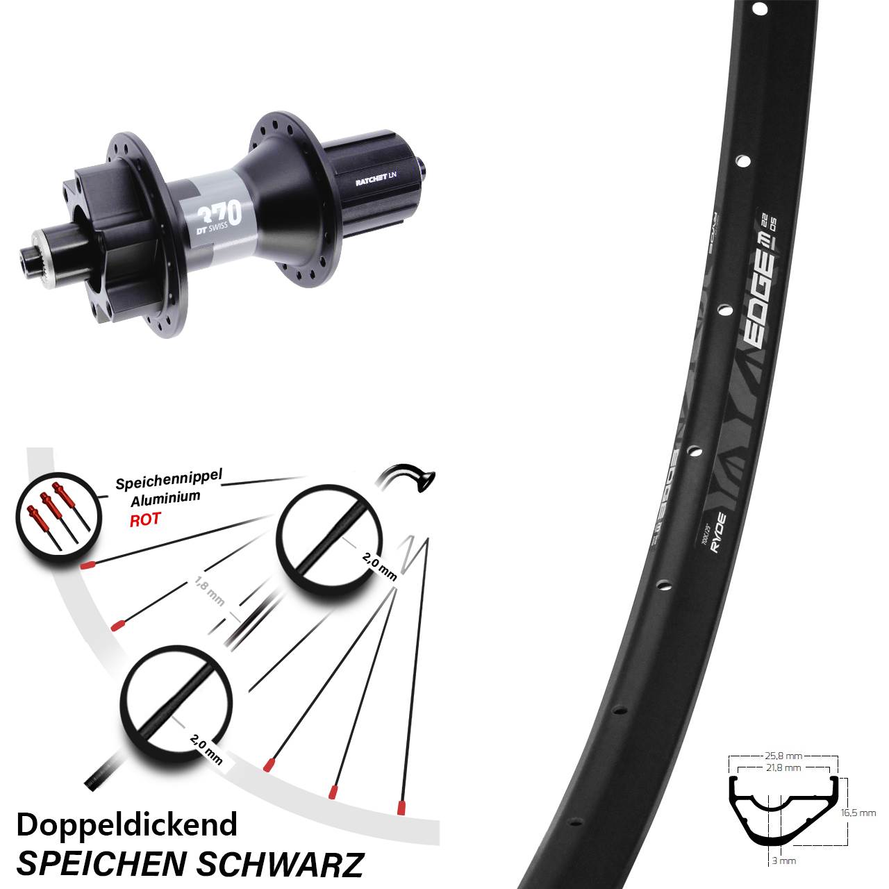6-Loch Hinterrad 29 Zoll Ryde Edge M22 DT Swiss 370 8-11 fach für Schnellspanner Boost