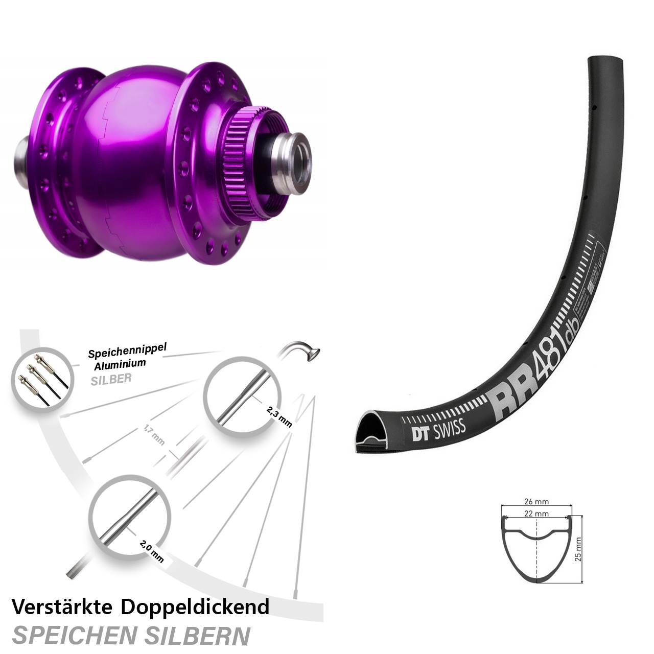 Centerlock Vorderrad mit Dynamo DT Swiss RR 481 SON 28 Zoll violett 12x100