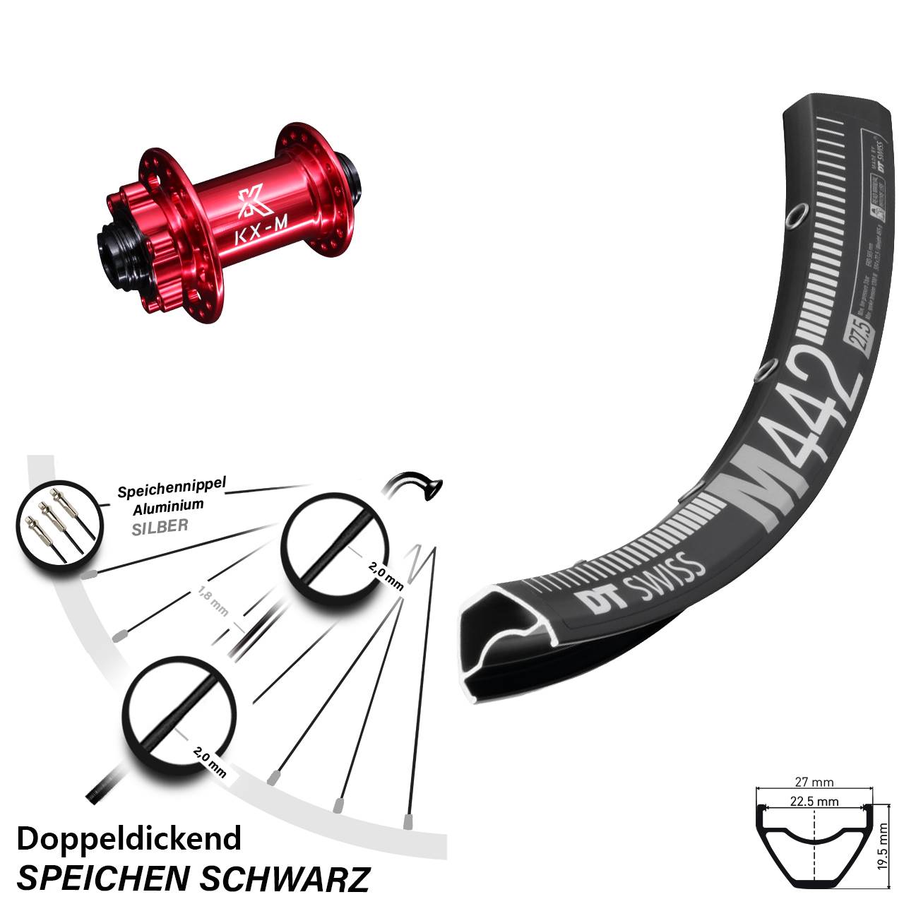 DT Swiss M 442 Disc-Vorderrad 29 Zoll KX-M 15x100 mm rot eloxiert 6-loch MTB