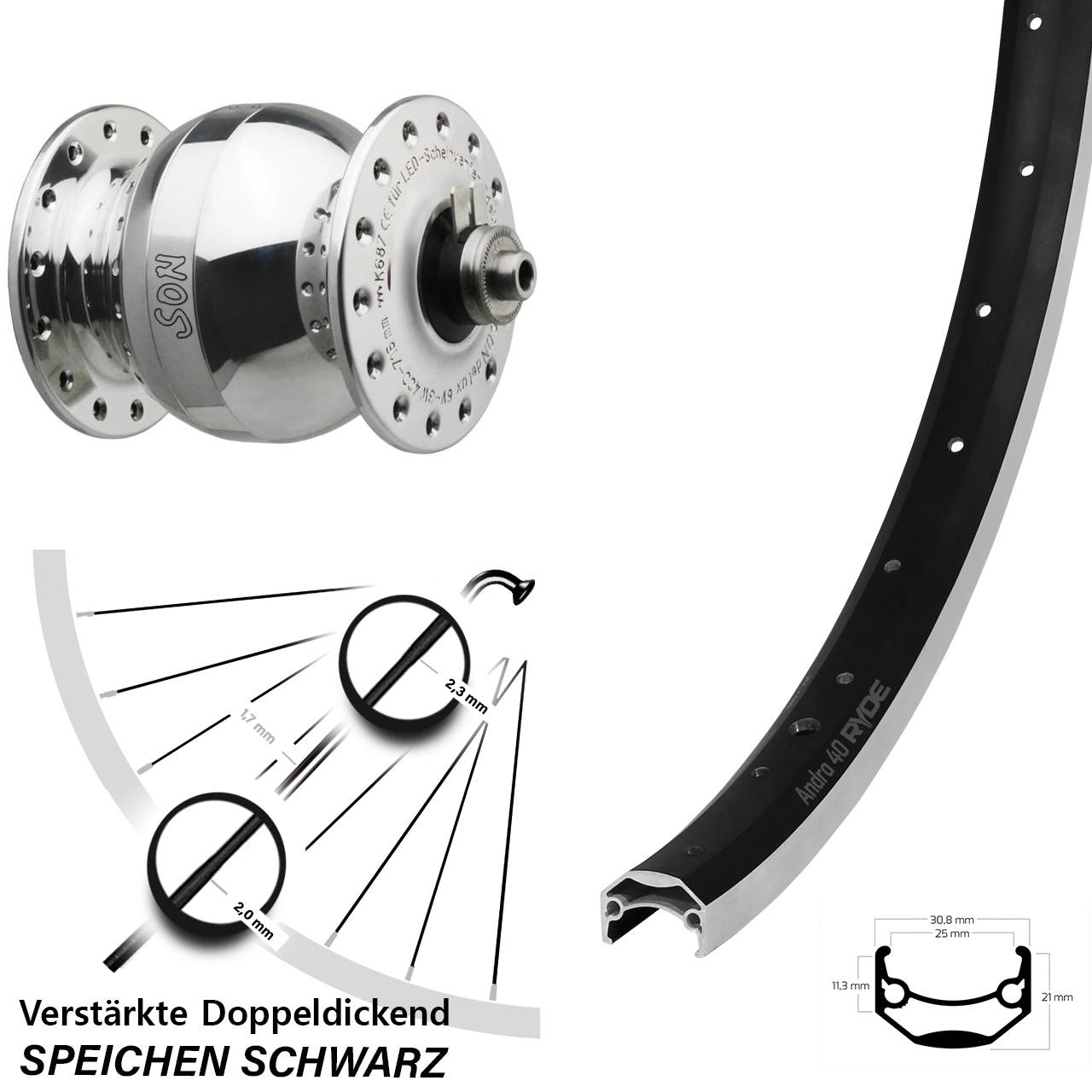 27,5 Zoll Ryde Andra 40 SON delux wide body Vorderrad mit Nabendynamo QR
