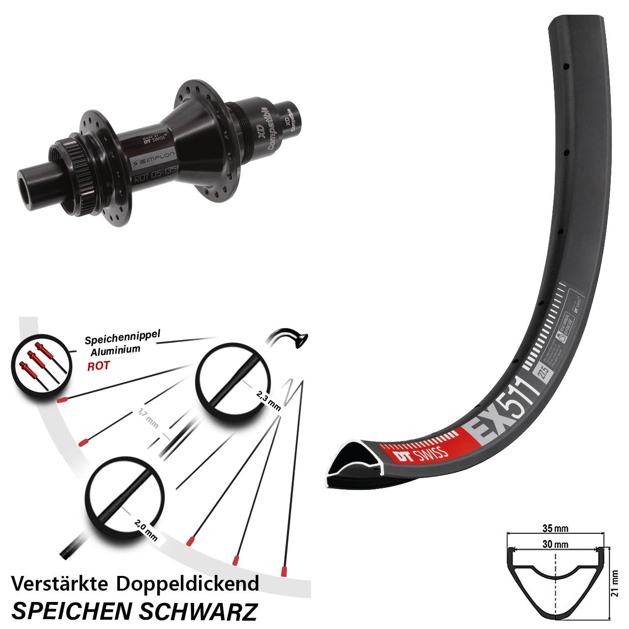 27,5 Zoll DT Swiss EX511 DT Swiss 370 Disc Hinterrad 12x142 SRAM XD