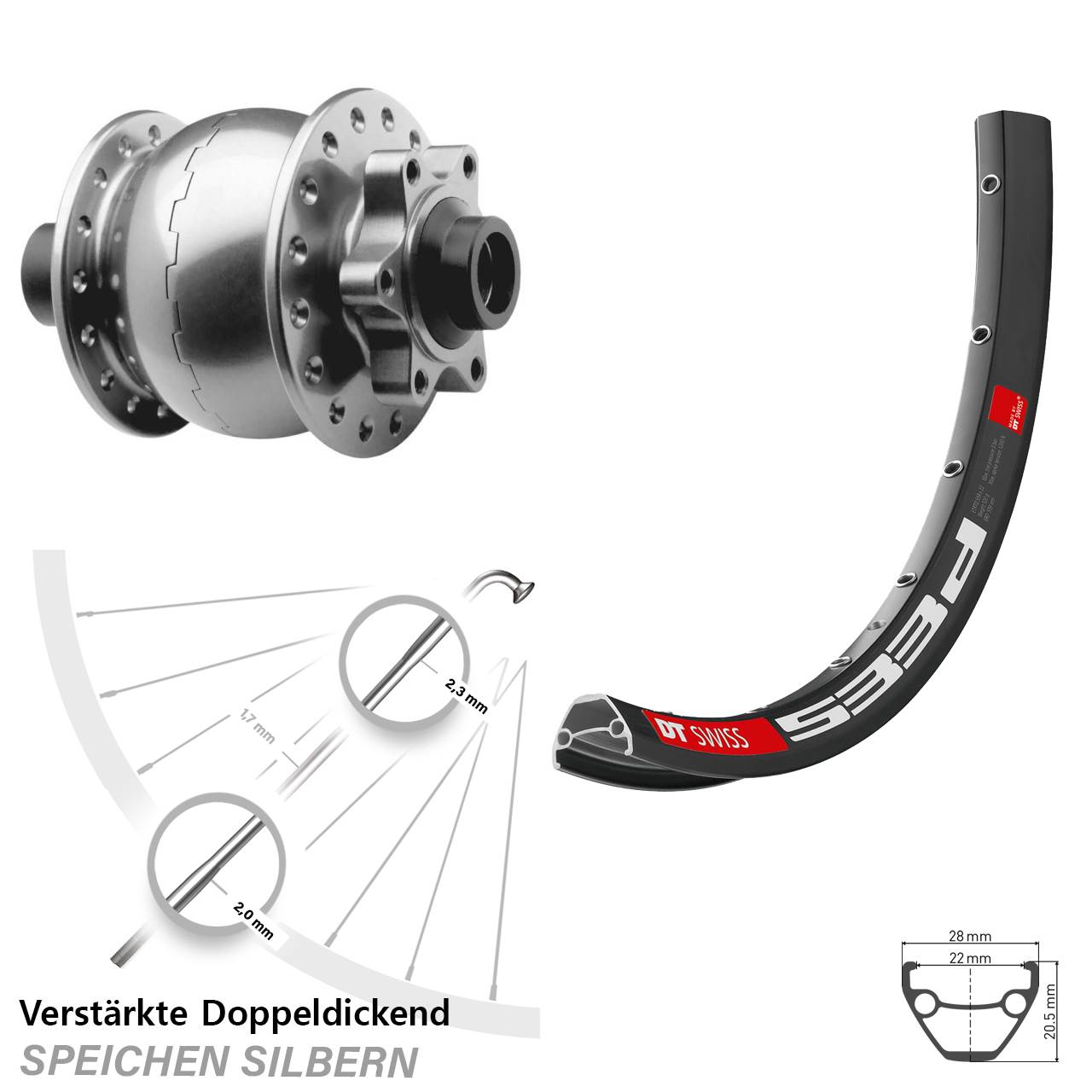 Nabendynamovorderrad 15x100 SON 28 Disc 6-Loch Zoll DT Swiss 533d