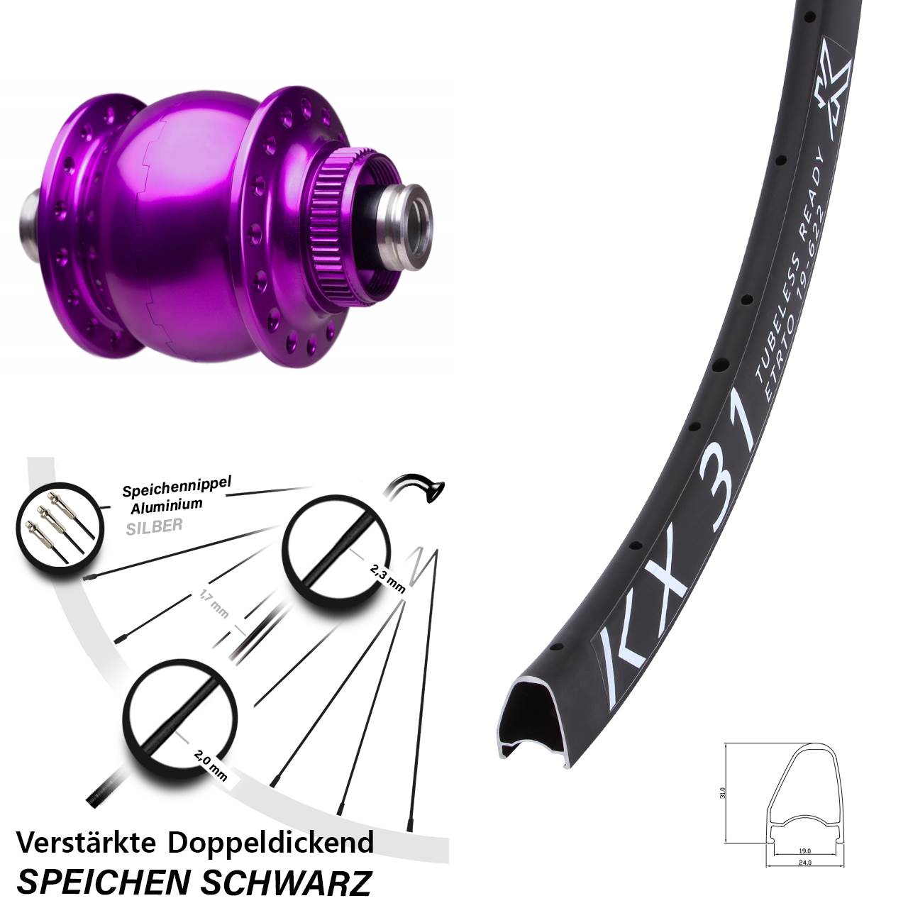 Centerlock Vorderrad mit Dynamo KX 31 Offset SON 28 Zoll violett 12x100