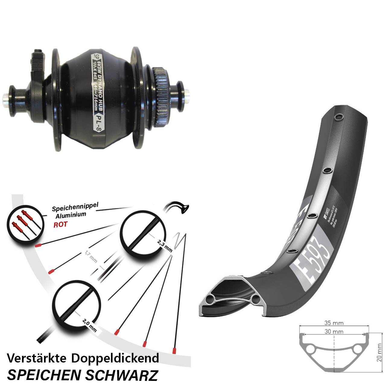 29 Zoll DT Swiss E 593 Shutter PL-8 Dynamo-Vorderrad Centerlock QR