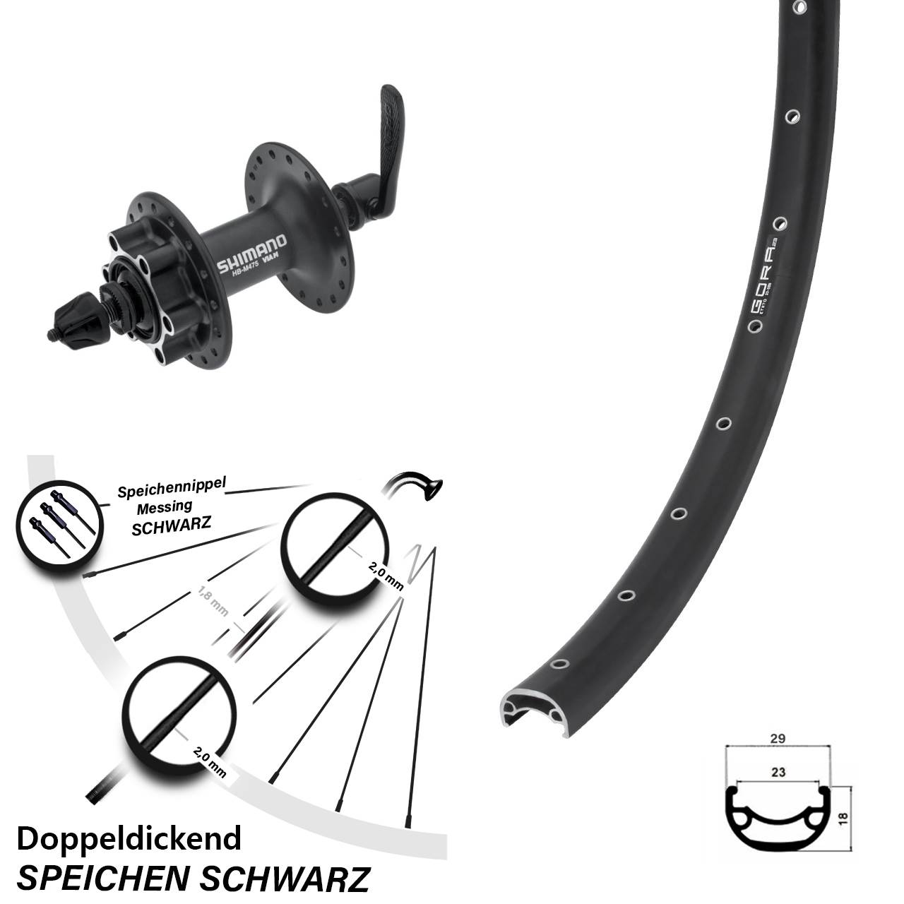 Gora 23 Shimano HB-M475 29 Zoll Disc Laufrad für Schnellspanner