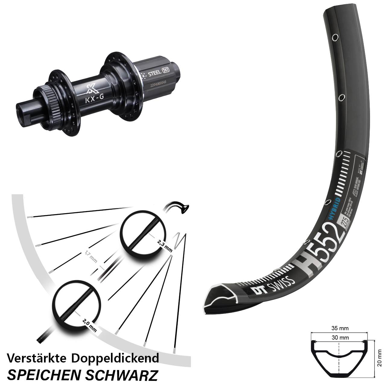 Centerlock Hinterrad 29 Zoll DT Swiss H552 KX-GS Stahl Freilauf 8-12 fach 12x142