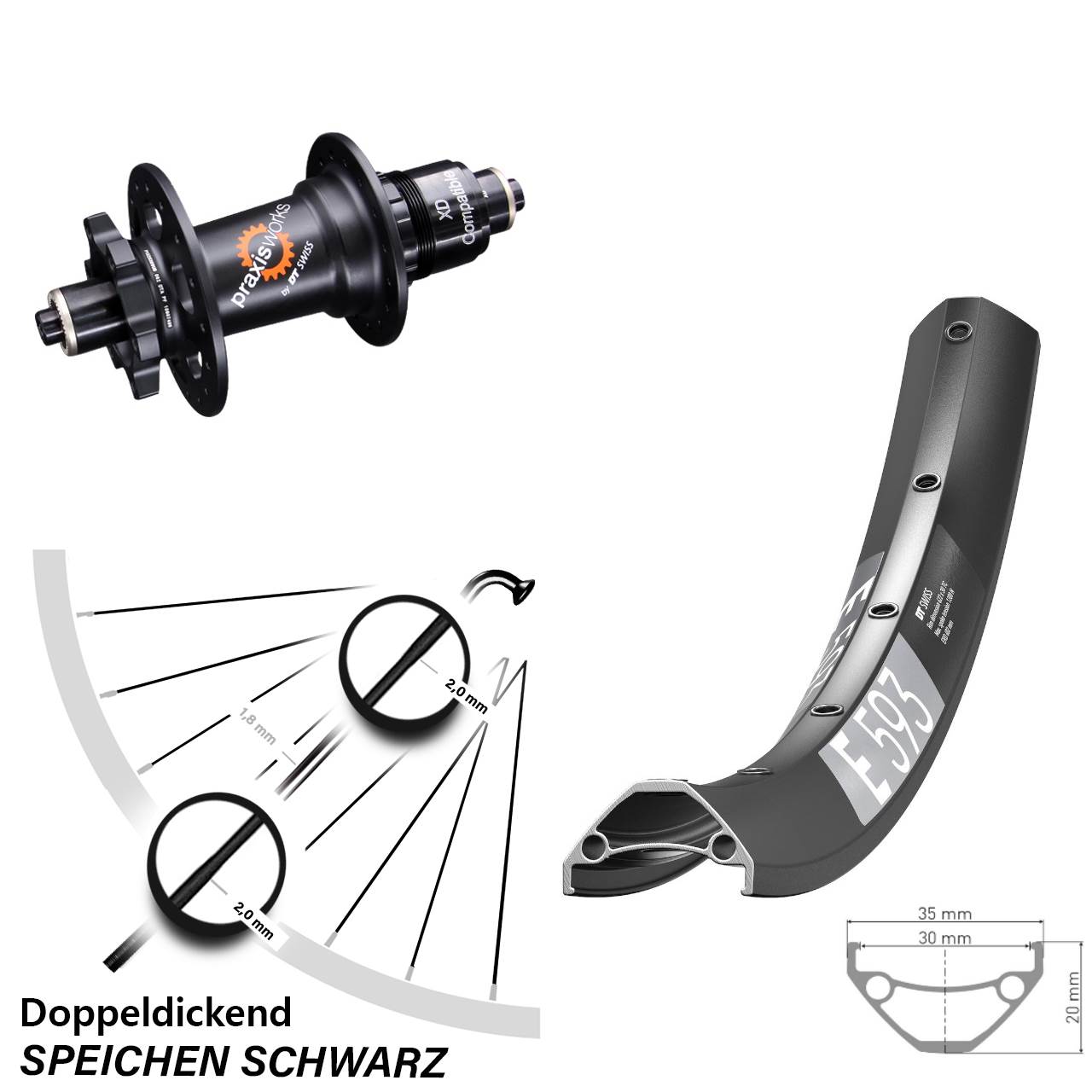 27,5 Zoll DT Swiss E 593 350 Hinterrad 6-Loch für Schnellspanner XD