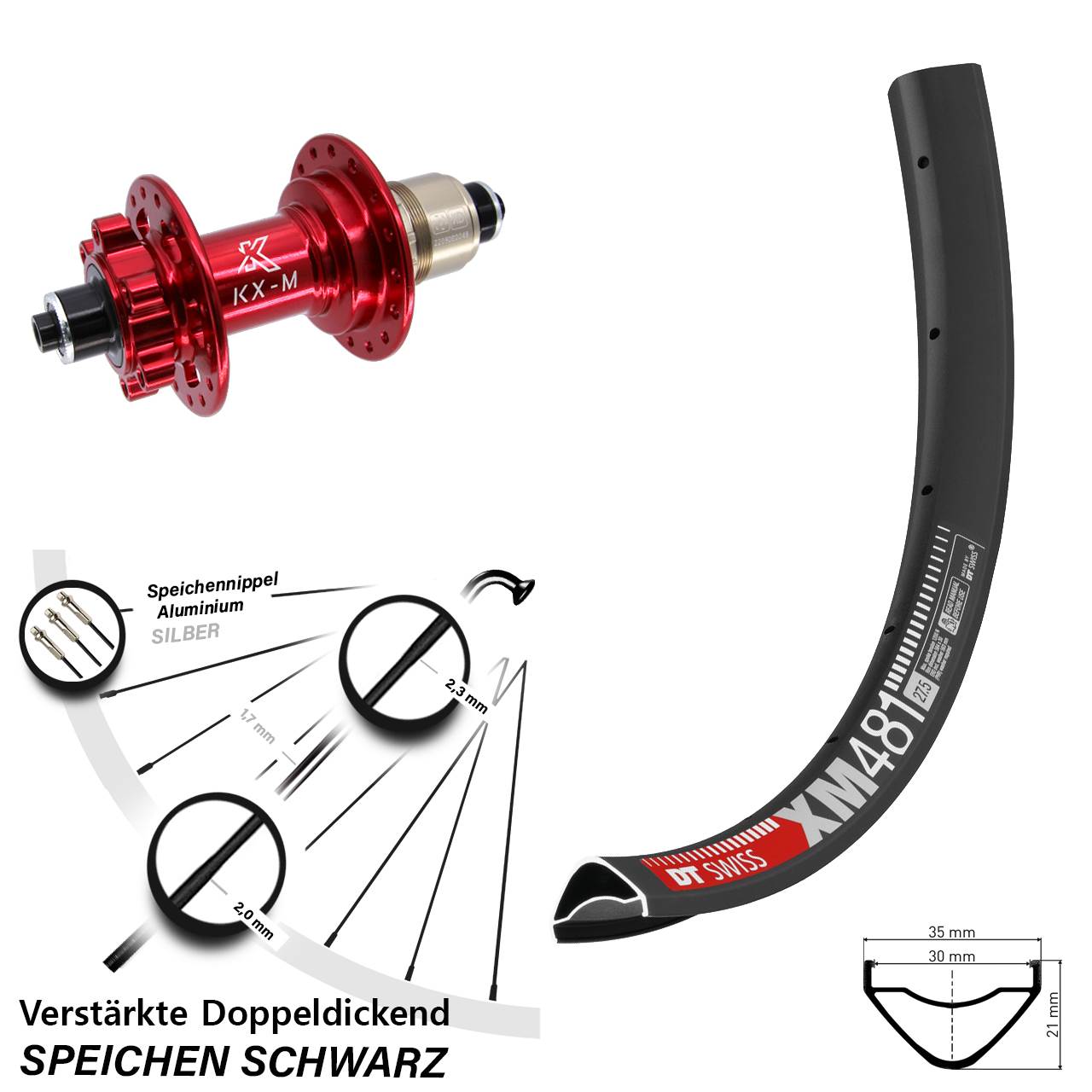 Disc Hinterrad 27,5 Zoll DT Swiss XM 481 KX-M rot XD QR