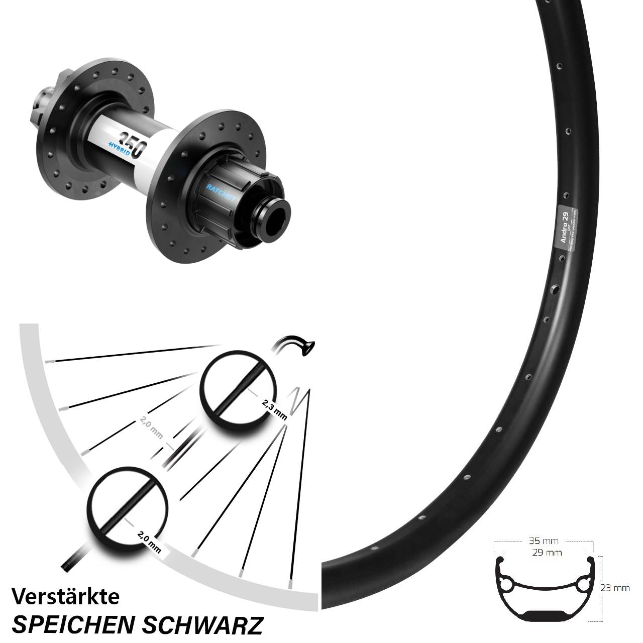 Laufrad 26 Zoll Ryde Andra 29 Disc schwarz DT Swiss 350 Hybrid Singlespeed 12x148 6-Loch