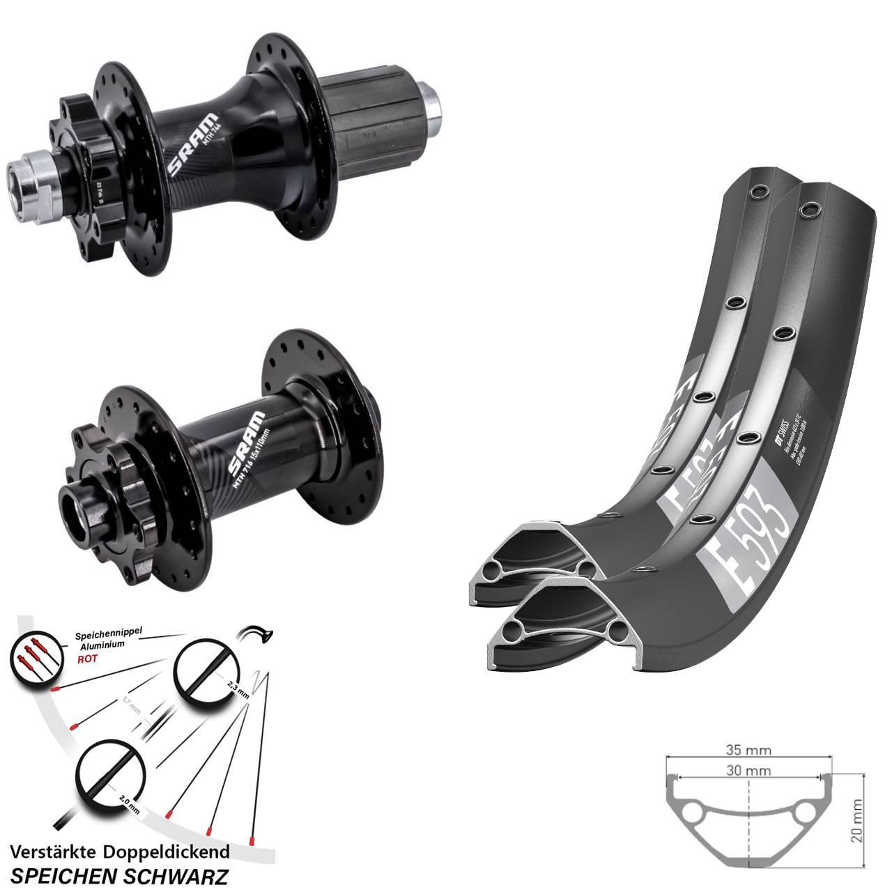 27,5 Zoll DT Swiss E593 Sram 716 Sram 746 Laufradsatz 6-Loch Boost 8-11 fach