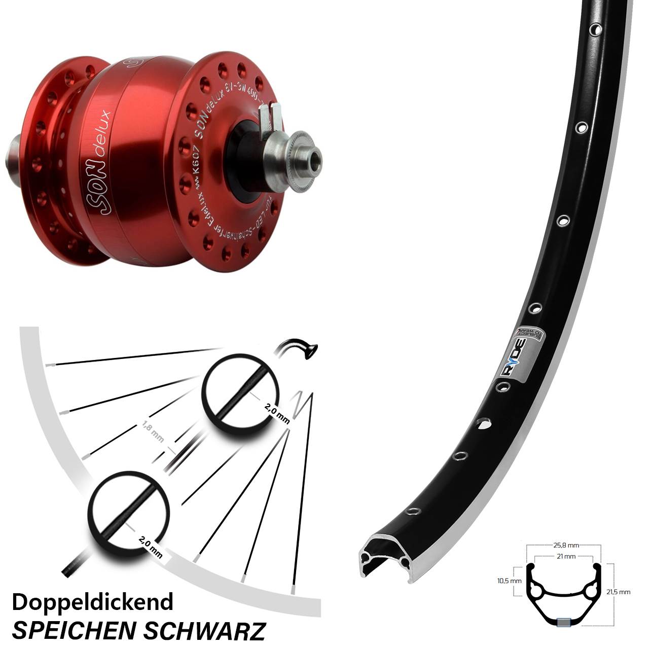 Nabendynamo Son delux rot Ryde ZAC 421 Fahrrad-Laufrad 28 Zoll