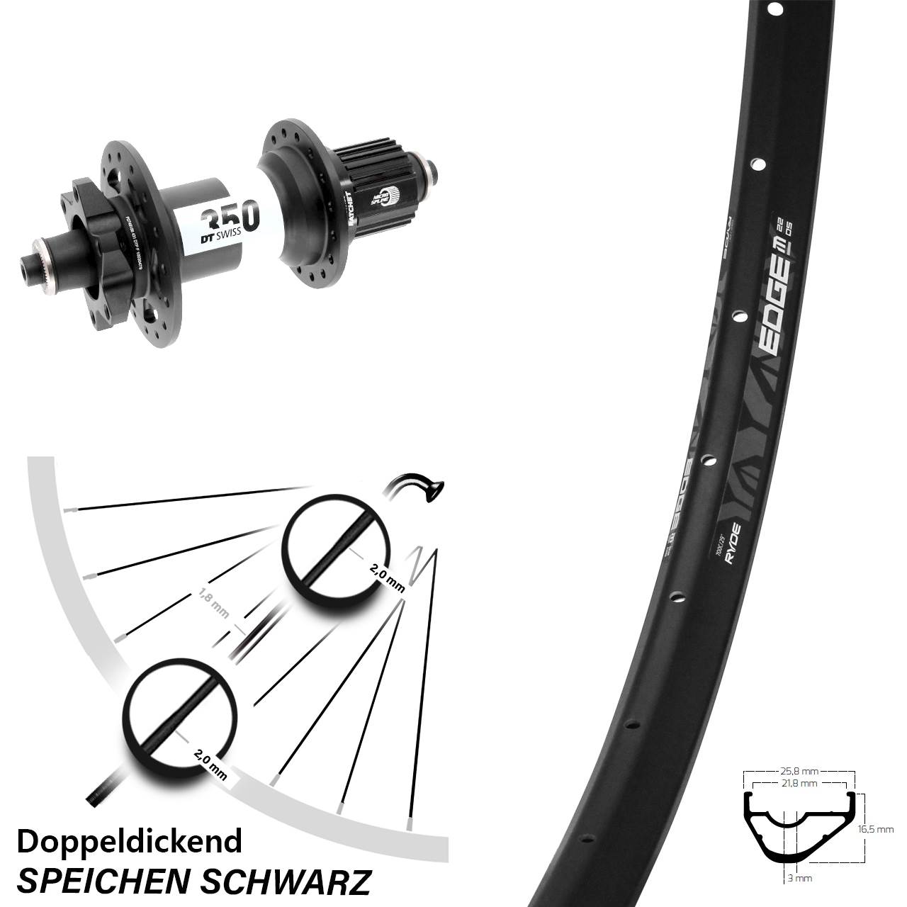 Ryde Edge M22 OS DT Swiss 350 28 Zoll Disc Laufrad QR Boost Micro Spline