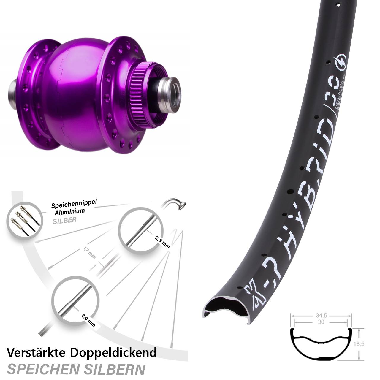 Disc Nabendynamovorderrad 29 Zoll KX-R Hybrid 30 SON 28 violett 12x100